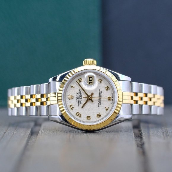 ROLEX LADIES DATEJUST 18K GOLD STEEL WATCH 69173 BEIGE JUBILEE DIAL FLUTED 26MM - Picture 3 of 14